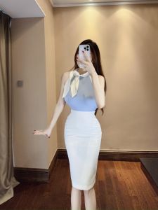 Suirui แขนกุด สไตล์พนักงานต้อนรับทางอากาศเกาหลี เดรส ทันสมัย พรางหุ่น ผ้าพันคอ ปกเสื้อ สีฟ้า สีขาว พร็อพ เดรส