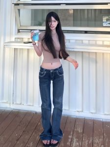 Quần Jeans Ống Loe Ôm Vừa Vặn Cạp Thấp Dài Cho Nữ Cao Cấp Quần Jeans Denim Dài Đến Sàn Phong Cách Mỹ Thường Ngày