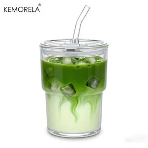 380ML Coffee Glass Tumblers 1/2PCS Thick Wall Glass Cups with Lid and Glass Straw for Iced Coffee Tea Milk Hot & Cold Drinks