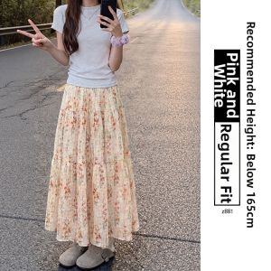 XIANYIJIAO | Pink Floral Summer Womens A-Line High Waist Semi Skirt