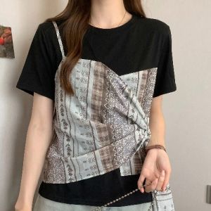 AIYITI | Retro Printed Faux Two-Piece T-Shirt