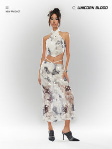 UnicornBlood New Chinese Style Halter Neck Split Ink Diffusion Glowing Half Skirt Set Womens Fashion Summer Polyester Ensemble