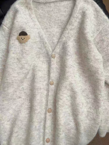 Towel Embroidery Bear Knitting Cardigan Womens Early Autumn Korean Wear Loose Korean College Idle Style Wear Tops