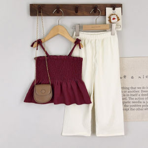 Bear Leader 2025 New Korean Version Plain Kids Clothes Baby Girls Summer Casual Ruffle Bow Sling Tops T-shirt and Pants 2 Pieces Set Outfits 3-7 Years Solid Color Clothing