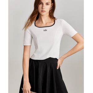 Elle Womens White Slim Fit Short Sleeve Knitted Sweater Summer New Style Simple Elegance Cotton Polyester Nylon Blend Crew Neck