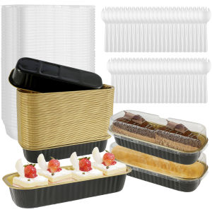 150Pcs Mini Cake Pans with Lids and Spoons 200ml Non-Stick Foil Baking Loaf Pans Rectangular Foil Bread Container for Kitchen