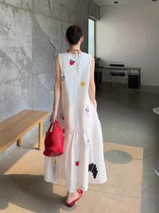 French Hepburn Style White Printed Vest Dress Womens Loose Age-Defying A-Line Long Skirt Summer New Arrival Casual Wear