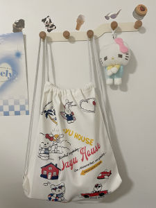 Túi Đeo Vai Đôi in Hình Kitty Dễ Thương Dung Tích Lớn Tiện Lợi Cho Học Sinh Thường Ngày Túi Vải Canvas Có Dây Rút Hai Bên