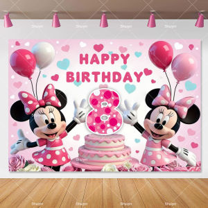 Beast Kingdom | Cute Pink Bow Minnie Mickey Mouse Backdrop Girl Birthday Decorations Baby Shower Custom Number Age Banner Photography Background