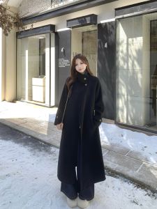 Black Woolen Coat Korean Style Womens Large Size Fat MM Spring Autumn Stand Collar Thickened Long Sleeve Mid-Length Double Button