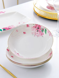 Large Size Western Style Ceramic Bone China Plate Microwave Safe Chinese Style Dinner Plate round Shape Plant Floral Pattern