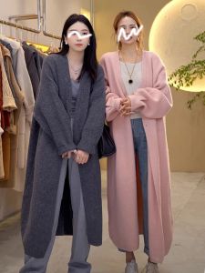 Rộng Rãi Ngoại Cỡ Dệt Kim Áo Khoác Cardigan Chiều Dài Đầu Gối Áo Khoác Phong Cách Hàn Quốc Thoải Mái Áo Khoác Ngoài Cổ Chữ V Tay Dài Dày Dặn Chiều Dài Giữa Nữ Áo Len