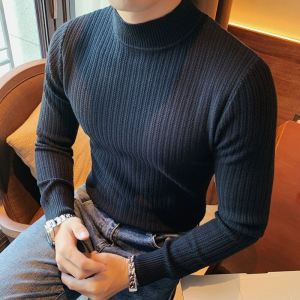 Mens Half High Collar Knitted Sweater Long Sleeve Autumn Winter Slim Fit Fashionable Pure Color Woolen Shirt Versatile Basic Style