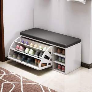 Wooden Shoe Rack Shoe Cabinet with Seat Cushion Shoe Organizer with Flip Drawer for Entryway