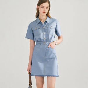 FAMANXUAN | Water Washed Blue Denim Skirt Medium Length
