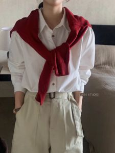 Early Autumn Commute Style Loose Fit Long Sleeve Pure Cotton White Shirt Korean Version Base Layer Shirt Polo Collar Regular Length