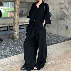 NUANPING | Cold Elegant Rich Style Black Shirt and Wide Leg Trousers Set for Office