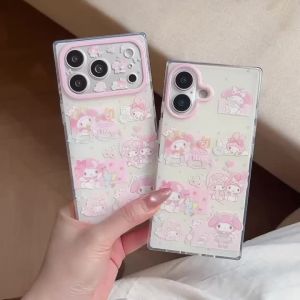 Sanrio | Korean INS Square Melody Sticker Phone Case For iphone 17 16 15 Pro Max Cute Cartoon PC Protective Shockproof Bumper Back Cover