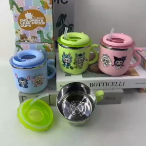 Gelas Cangkir Mug Anak Lucu Dan Unik Lapisan Stainless Steel Sedotan Karet Silicon 280 ml + FREE BOX 5302