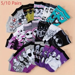 Disney | 5/10 Pairs of Novel Cartoon Christmas Jack Socks With Innovative Gothic Casual Mens and Womens Socks Halloween Crew Socks