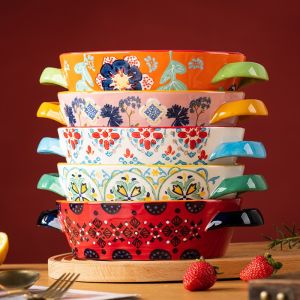 OMK American hand-painted Oval Ceramic Baking Pan Salad bowl with handle Oven dish