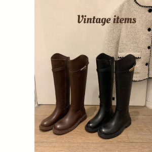 SHÉII | Giày Mô Tô Dài Mid-Calf Thiết Kế Cân Đối Xương Đóng Dây Bên Gót Bằng