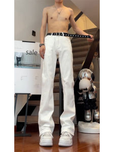 กางเกงยีนส์ทรงหลวมเอวสูงสีขาว กางเกงขายาวทรงหลวมสไตล์อเมริกันสำหรับผู้ชาย กางเกงขายาวทรงตรงทรงหลวมสำหรับผู้ชาย