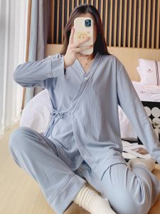 Spring and Autumn Pure Cotton Kimono Pajamas Female Pregnant Women Adjustable Long Sleeve Pants Postpartum Nursing Baby Clothing Homewear Suit