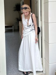 Váy Chữ a Cotton Màu Trắng Dài Vừa Phải Mùa Hè Thoải Mái Cạp Cao Dáng Chữ a Váy Midi Thường Ngày Hai Phiên Bản Dài