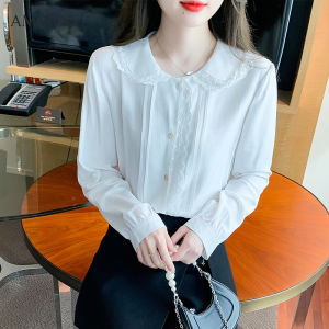 AMMIN ชุดเสื้อหรูหราเดินทางสไตล์ฉบับภาษาเกาหลีของผู้หญิงเสื้อชีฟองแขนยาวคอปกผ้าลูกไม้กลวงลายดอกไม้เย็บปักถักร้อยหวานเรียบง่ายใหม่ฤดูร้อน