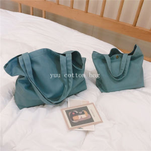 กระเป๋าผ้าใบสีฟ้าครีมแบบลำลองสำหรับผู้หญิง กระเป๋าถือแบบมีซิป กระเป๋าสะพายไหล่ข้างเดียว สไตล์เกาหลี กระเป๋าขนาดใหญ่