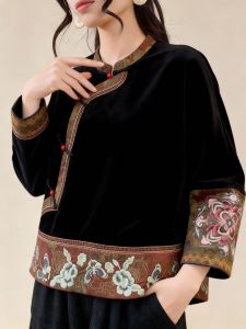 QINGNAER | Áo Blouse Nữ Kích Cỡ Lớn Phong Cách Trung Quốc Thêu Tinh Tế