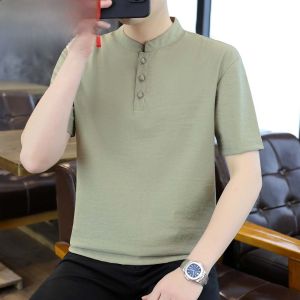 HENGYUANXIANG | Hengyuanxiang Mens Short Sleeve T-Shirt Casual Cotton Linen Summer Fashion Urban Style Pure Color Dad Clothes Button Up Top