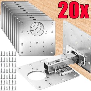 🔥20Pcs Cabinet Hinge Repair Plate Kit with Screws Stainless Steel Door Hinge Mounting Plate with Holes for Home Kitchen Cupboard Furniture