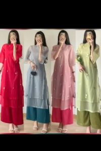 Set Bộ Áo Dài Ren Hoa Nổi Tay Loe Phối Váy Xòe Trẻ Trung Thùy Mị Cao Cấp BY2155