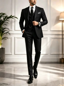 Luxury Gray 3-Piece Slim Fit Mens Tuxedo Suits Peak Lapel Blazer Vest Pants Set Solid Color for Prom Wedding Business Outfit
