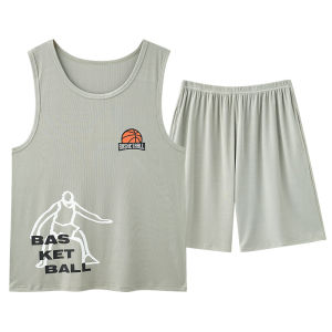 Miiow | Mens Ice Silk Sleepwear Summer New Style Cool Feeling Vest Loose Large Size Can Wear Outdoor Home Clothes Set Simple Design