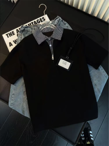 Fake Two Pieces Half Zipper Gingham Polo Shirt