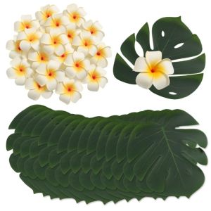 10Pcs Christmas Silk Artificial Monstera Palm Leaves Plumeria Flowers for Hawaiian Tropical Party Decor Home Room Wedding Decor
