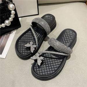 Fashionable Womens Summer Outdoor Slip-On Sandals with Butterfly Knot Toe Cover Thick Bottom Platform Casual Slip-On Shoes