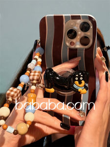 Retro Striped iPhone 15 pro Max Case Full Cover Soft Silicone Cartoon Dog Stand Anti-Fall Creative Personality High-End Cold Style Hanging Chain