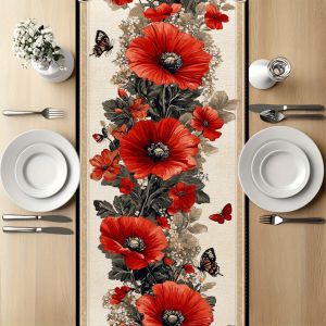 Polyester Table Runner Poppy Flower Design Vivid Red Poppies Green Leaves Butterfly Motifs For Dining Table Decor Elegant