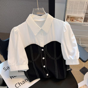 Áo Sơ Mi Denim Tay Bồng Ngắn Mùa Hè Cho Nữ Cổ Polo Dáng Ôm Phong Cách Hàn Quốc Tay Ngắn Nhiều Nút Áo Sơ Mi Đa Năng