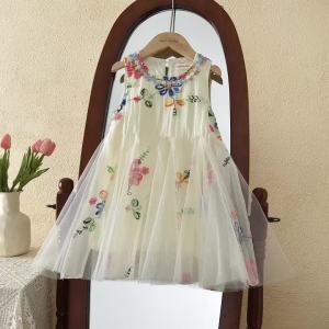 Bear Leader | Summer New Flower Embroidery Mesh Princess Sleeveless Dress Girl 3-7 Years Old Sweet and Cute Korean Version