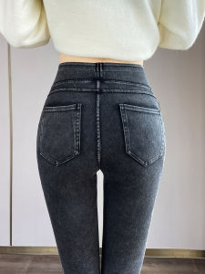 High Waist Slim Fit Denim Jeans Womens Casual Elastic Bottoms Outerwear Soft Stretchy Smoke Grey Base Layer Pants