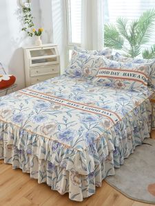 Pure Cotton Bed Skirt Dustproof Protecting Three-piece Set Anti-slip Design Washed Cotton Bed Cover Double Bed Linens