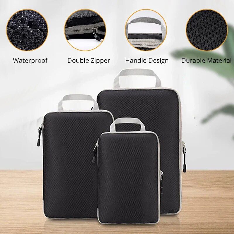 Set di 3 organizer da viaggio comprimibili, capienti e adatti a ogni occasione, nei colori nero, blu e grigio.
_voghion.com