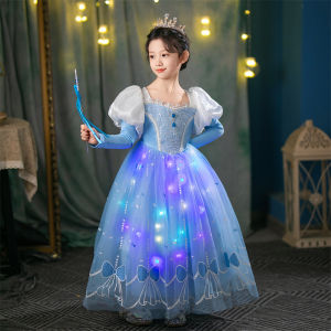 Girls Long Sleeve Glowing Princess Dress Korean Style Fashionable Cute Bow Tie Dress Costume Cotton Polyester Summer Dress