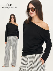 EhK Fashion Asymmetric Shoulder Design Loose Solid Color Long Sleeve Womens T-shirt Autumn Simple Chic Shoulder Bared Top