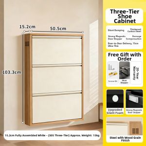 Ultra-thin Wooden Textured Metal Home Shoe Cabinet